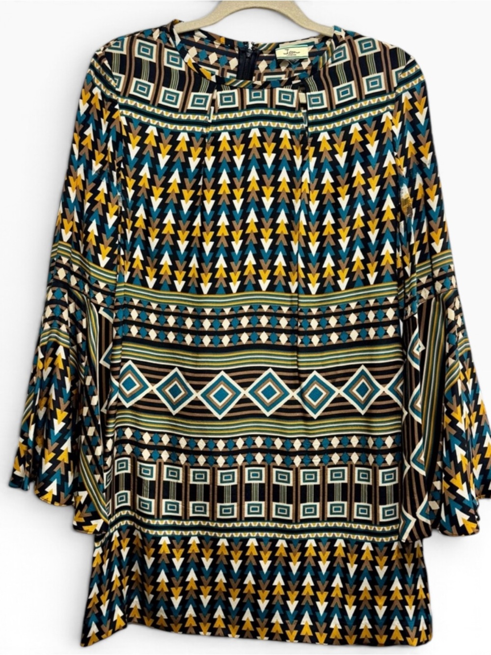 Issa London 100% Silk Retro Geometric Bell Sleeve Mini Dress S